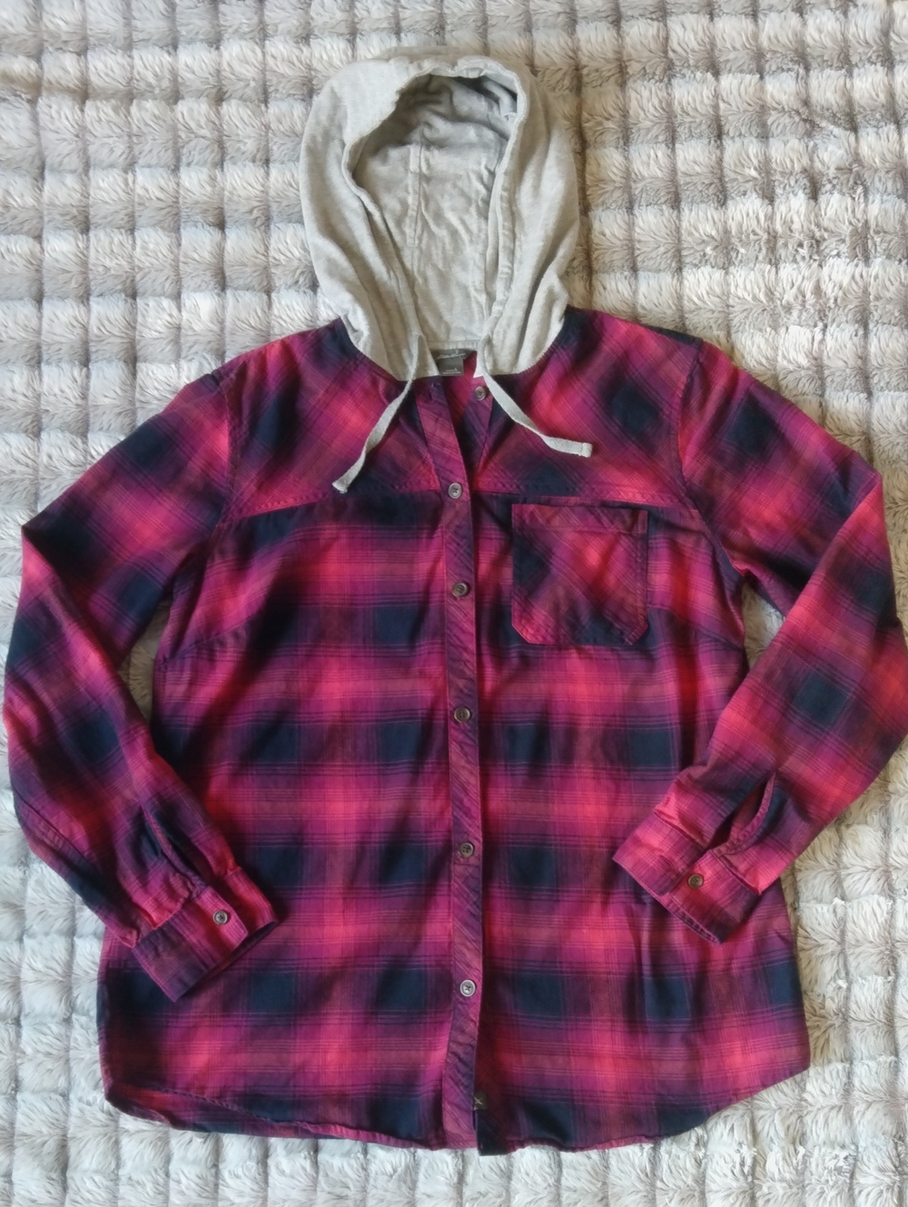 Eddie Bauer Maroon and Black Plaid Hooded Shirt